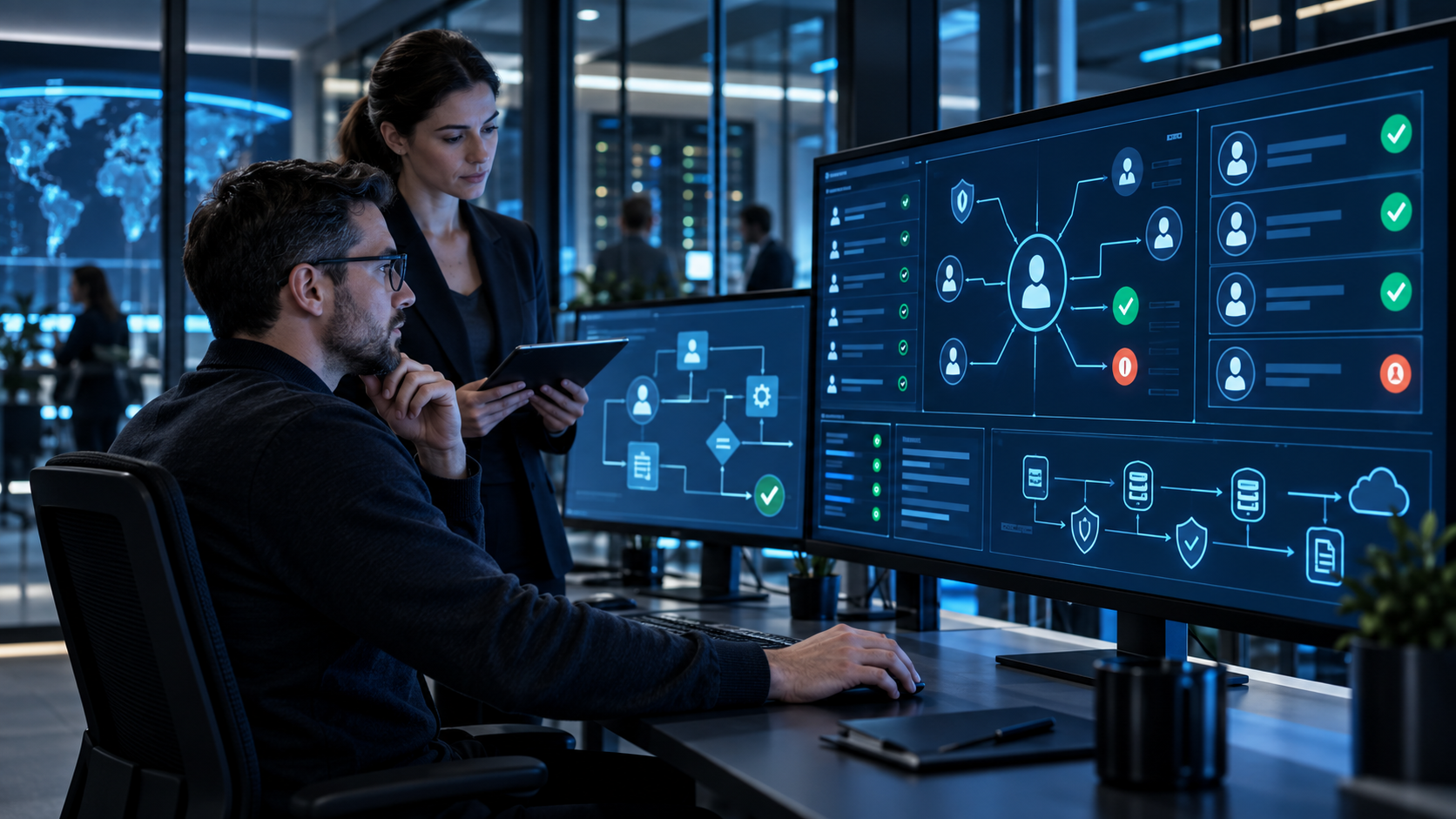 Identity security specialists reviewing privileged access telemetry