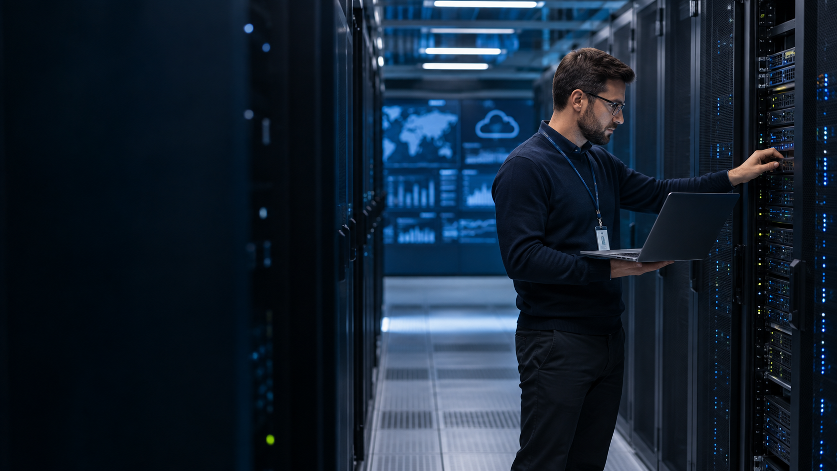 Security engineer reviewing systems in a modern data centre
